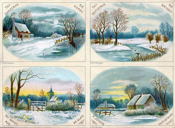 Four rural snow scenes on a Christmas postcard