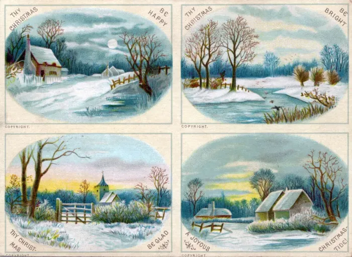 Framed Print : Four rural snow scenes on a Christmas postcard Framed Print : Four rural snow scenes on a Christmas postcard