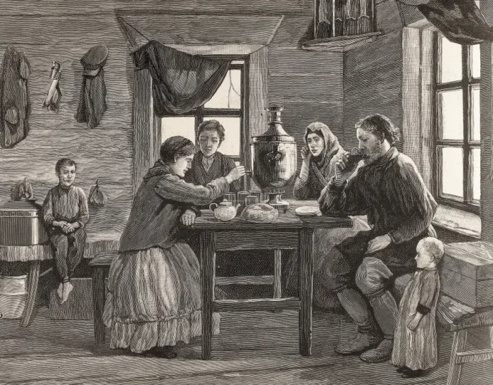 Framed Print : Russia (19th c. ). Family breakfast in a house Framed Print : Russia (19th c. ). Family breakfast in a house