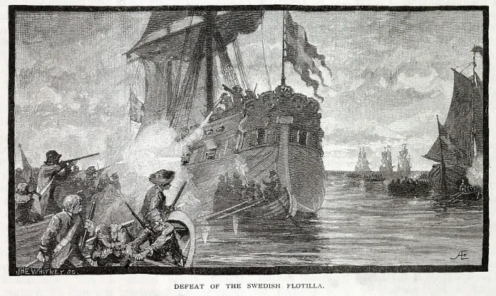Framed Print : Russian forces defeat the Swedish flotilla on the Neva. Date: 1702 Framed Print : Russian forces defeat the Swedish flotilla on the Neva. Date: 1702