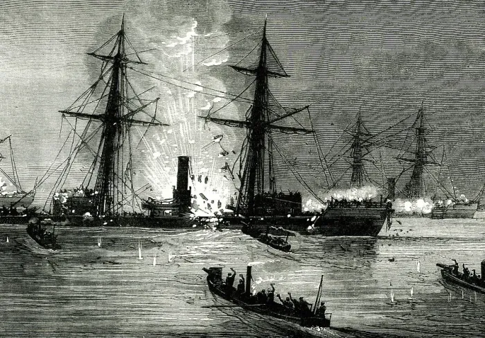 Framed Print : Russian torpedo launches attacking a Turkish monitor Framed Print : Russian torpedo launches attacking a Turkish monitor