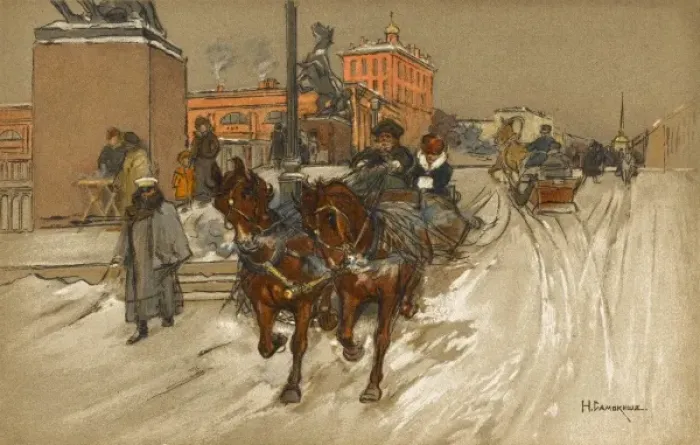 Framed Print : A russian town scene with horse sleigh Framed Print : A russian town scene with horse sleigh
