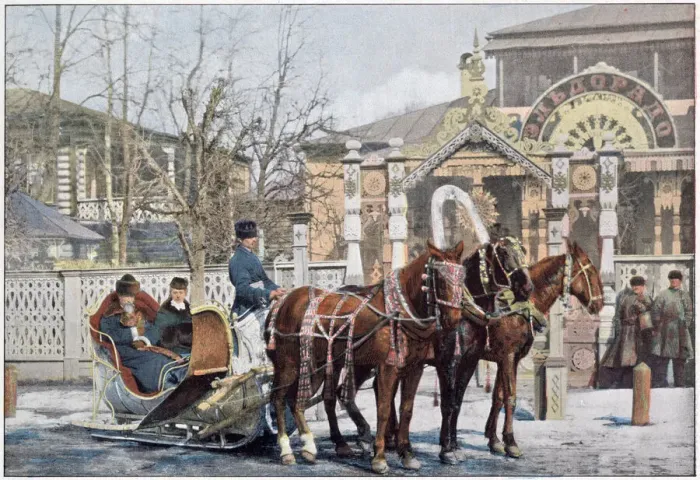 Framed Print : A Russian TROIKA - a three-horse sledge... Date: 1890s Framed Print : A Russian TROIKA - a three-horse sledge... Date: 1890s