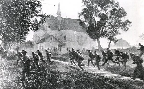 Russian troops running from German attack, WW1