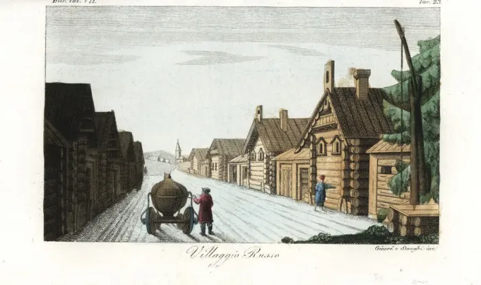 Framed Print : Russian village, 18th century, a single street Framed Print : Russian village, 18th century, a single street