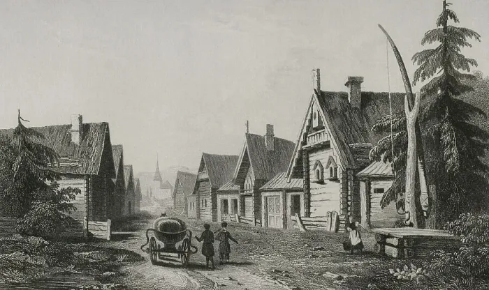 Framed Print : Russian village. Engraving, 19th century Framed Print : Russian village. Engraving, 19th century