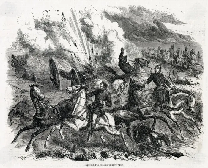 Framed Print : A Russian wagon, bringing up supplies of ammunition, is blown up by a French shell Framed Print : A Russian wagon, bringing up supplies of ammunition, is blown up by a French shell