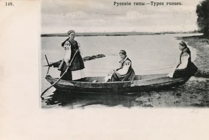 Framed Print : Three Russian women in traditional costume off boating Framed Print : Three Russian women in traditional costume off boating