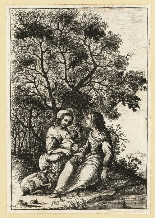 Framed Print : Rustic scene with two women, a baby in swaddling clothes, and a Framed Print : Rustic scene with two women, a baby in swaddling clothes, and a
