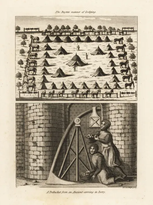 Framed Print : Ruyters cavalry encampment and trebuchet Framed Print : Ruyters cavalry encampment and trebuchet