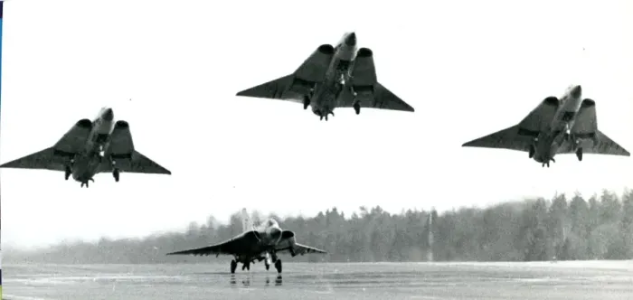 Framed Print : Four Saab J35 Drakens take-off Framed Print : Four Saab J35 Drakens take-off