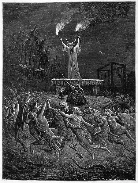 Sabbat Dance. A horned devil presides over the sabbat while demons