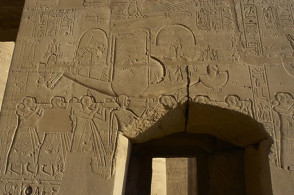 Sacred solar boat carried by priests. Relief. Ramesseum. Egy