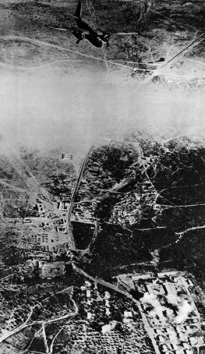 Framed Print : SaF bomber attacking German barracks in North Africa; Secon Framed Print : SaF bomber attacking German barracks in North Africa; Secon