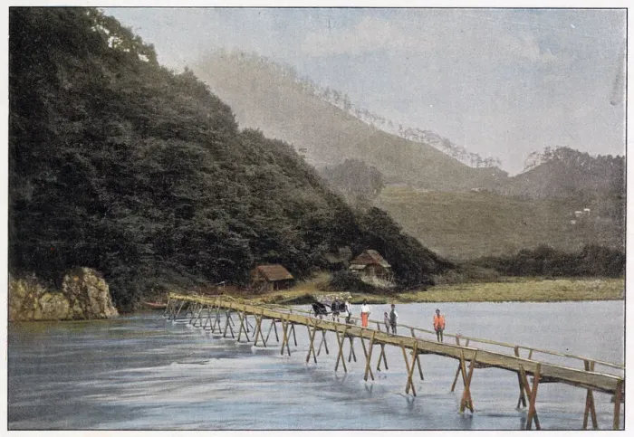 Framed Print : Sagami: footbridge over the Arakawa River Date: circa 1900 Framed Print : Sagami: footbridge over the Arakawa River Date: circa 1900