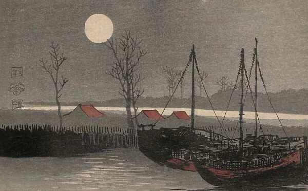 Sailboats moored under the moon