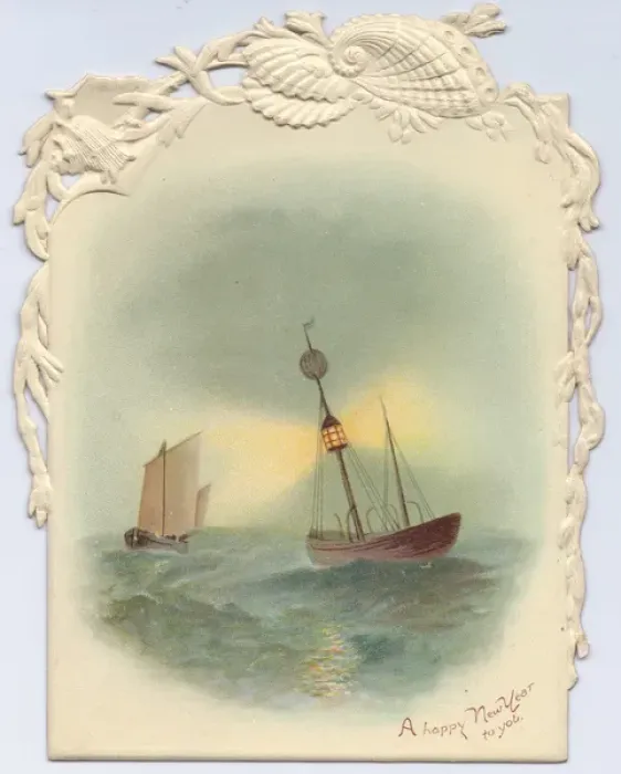 Framed Print : Sailing boat and lightship on a New Year card