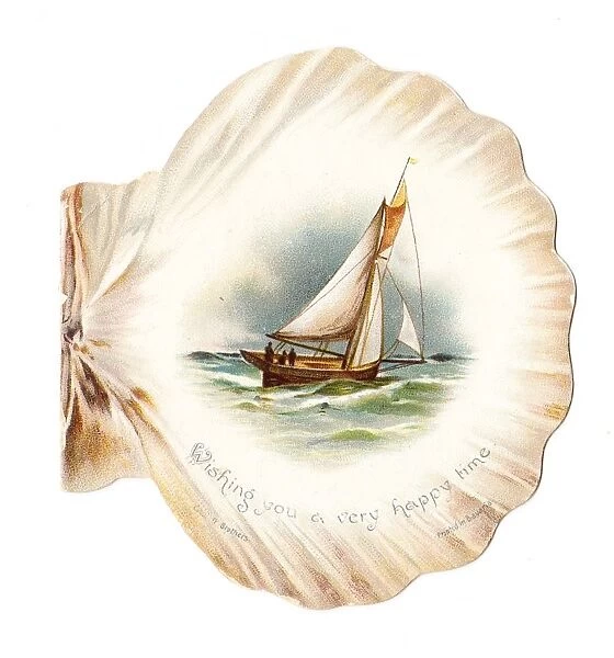 Sailing boat on a shell-shaped greetings card
