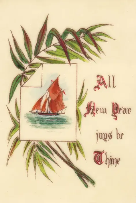 Framed Print : Sailing ship and leaves on a hand-coloured New Year card Framed Print : Sailing ship and leaves on a hand-coloured New Year card