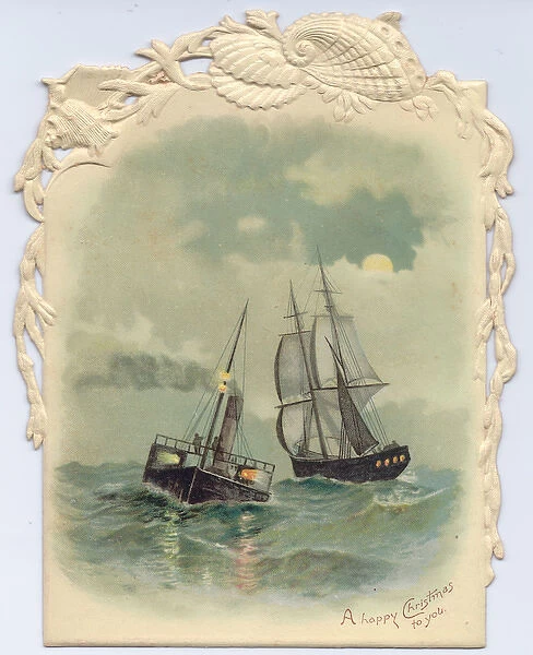 Sailing ship and lightship on a Christmas card