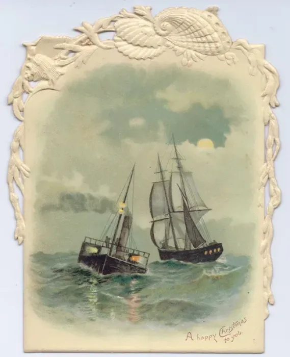 Framed Print : Sailing ship and lightship on a Christmas card Framed Print : Sailing ship and lightship on a Christmas card