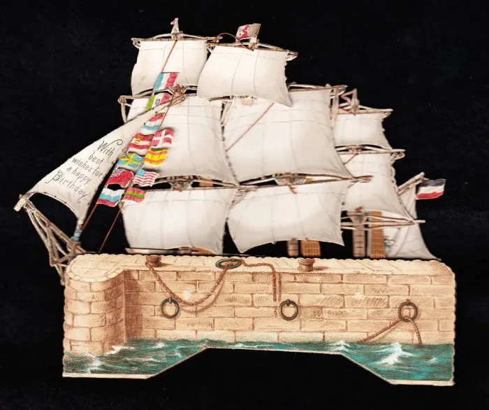 Framed Print : Sailing ship at the quayside on a birthday card Framed Print : Sailing ship at the quayside on a birthday card