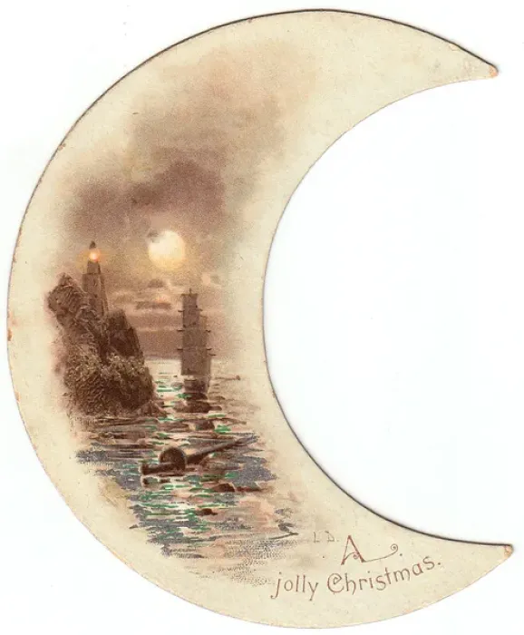 Framed Print : Sailing ships on a crescent-shaped Christmas card Framed Print : Sailing ships on a crescent-shaped Christmas card