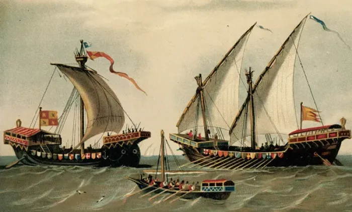 Framed Print : Sailing vessels. History. 16th century. Engraving colored. L Framed Print : Sailing vessels. History. 16th century. Engraving colored. L