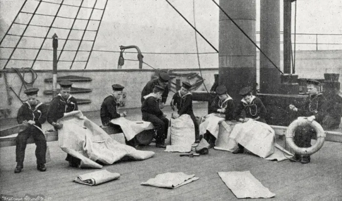 Framed Print : Sailmaking, Training Ship Wellesley, North Shields Framed Print : Sailmaking, Training Ship Wellesley, North Shields