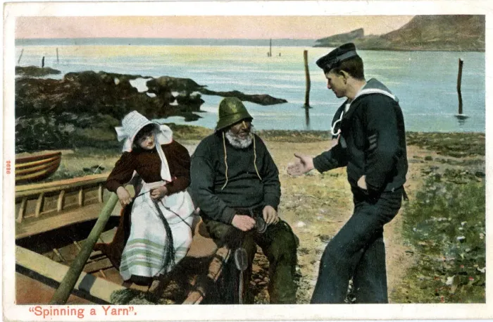 Framed Print : Sailor spinning a yarn to fisherman and fisherwoman Framed Print : Sailor spinning a yarn to fisherman and fisherwoman