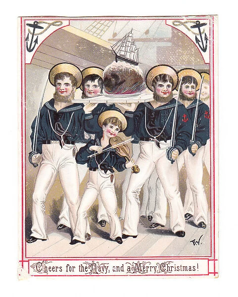 Sailors on board ship on a Christmas card