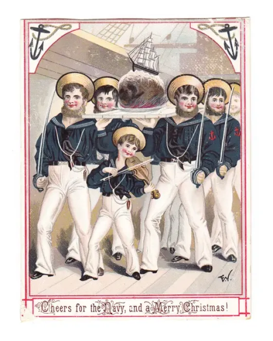 Framed Print : Sailors on board ship on a Christmas card Framed Print : Sailors on board ship on a Christmas card