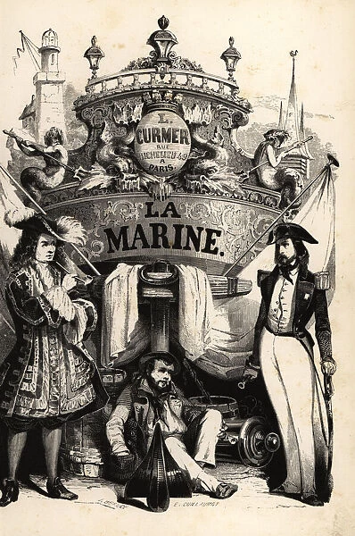 Sailors in front of a decorated ships stern