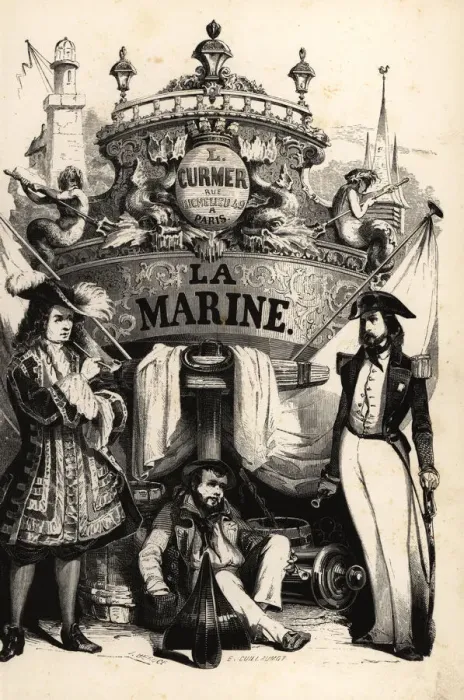 Framed Print : Sailors in front of a decorated ships stern Framed Print : Sailors in front of a decorated ships stern