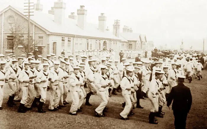 Framed Print : Sailors drilling at Shotley Barracks, early 1900s Framed Print : Sailors drilling at Shotley Barracks, early 1900s