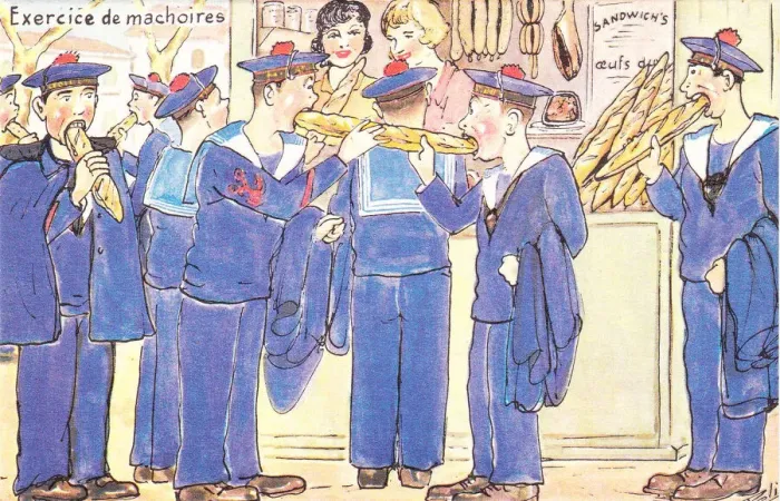 Framed Print : Sailors exercising their jaws on a comic French postcard Framed Print : Sailors exercising their jaws on a comic French postcard