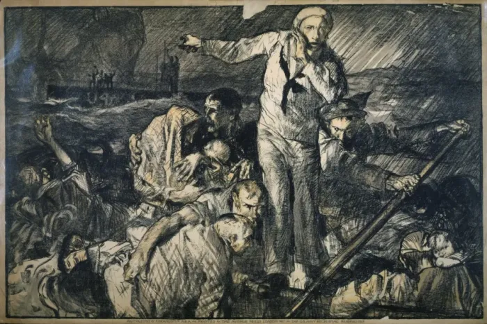 Framed Print : Sailors and others in a lifeboat, as one sailor gestures to Framed Print : Sailors and others in a lifeboat, as one sailor gestures to