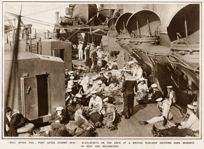 Framed Print : Sailors relax on the deck of a British destroyer 1916 Framed Print : Sailors relax on the deck of a British destroyer 1916