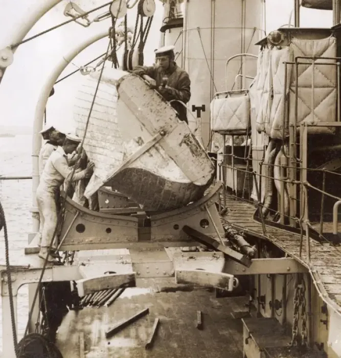 Framed Print : Sailors repairing a boat on a ship, WW1 Framed Print : Sailors repairing a boat on a ship, WW1