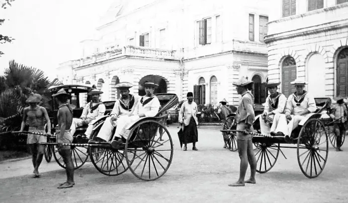 Framed Print : Sailors on shore leave in rickshaws Royal Navy Framed Print : Sailors on shore leave in rickshaws Royal Navy