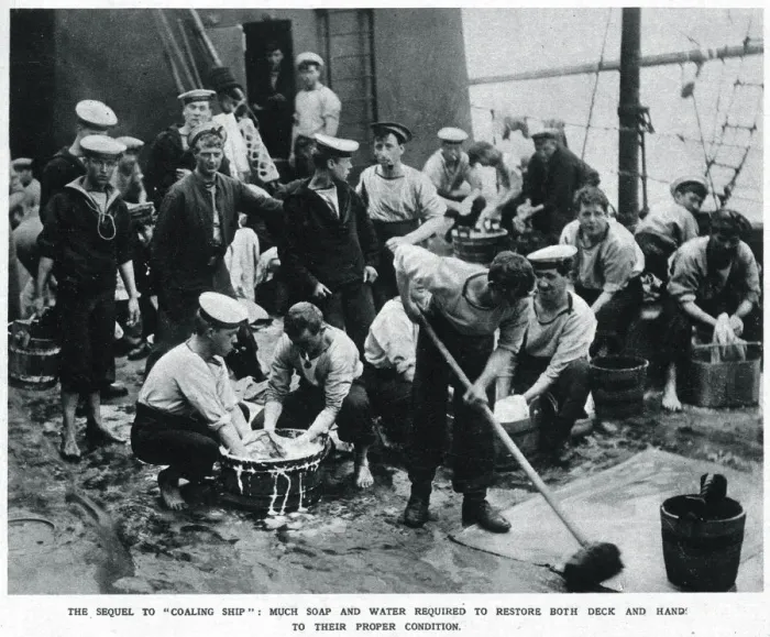 Framed Print : Sailors swab the decks after refuelling their ship Framed Print : Sailors swab the decks after refuelling their ship