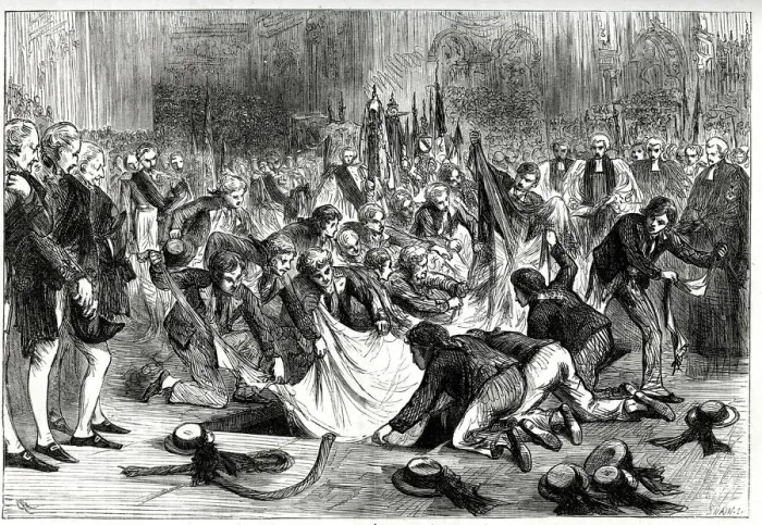 Framed Print : Sailors taking fragments of the flag from HMS Victory at Nelsons funeral in St Paul s Framed Print : Sailors taking fragments of the flag from HMS Victory at Nelsons funeral in St Paul s