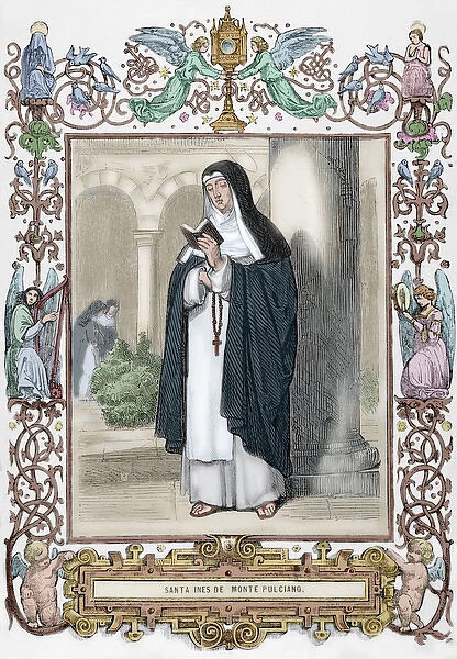 Saint Agnes of Montepulciano (1268-1317). Engraving. Colored