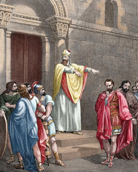 Saint Ambrose (c. 340-397) excommunicating the Roman Emperor