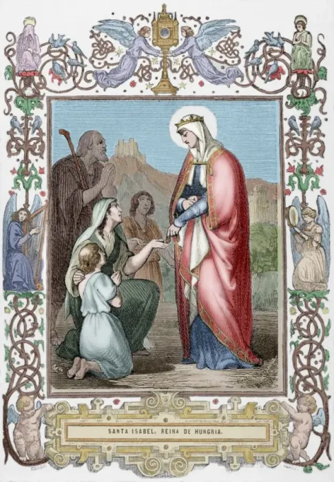 Framed Print : Saint Elizabeth of Hungary (1207-1231). Engraving. Colored Framed Print : Saint Elizabeth of Hungary (1207-1231). Engraving. Colored