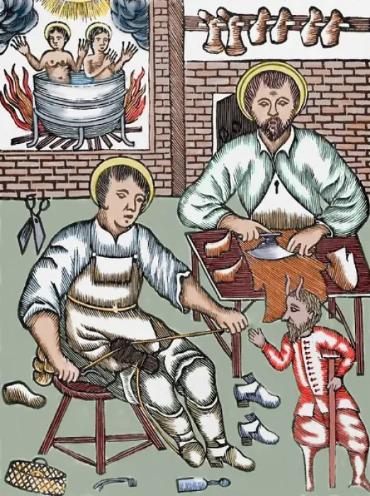 Framed Print : Two Saints make shoes being tempted by the devil. Colored wo Framed Print : Two Saints make shoes being tempted by the devil. Colored wo