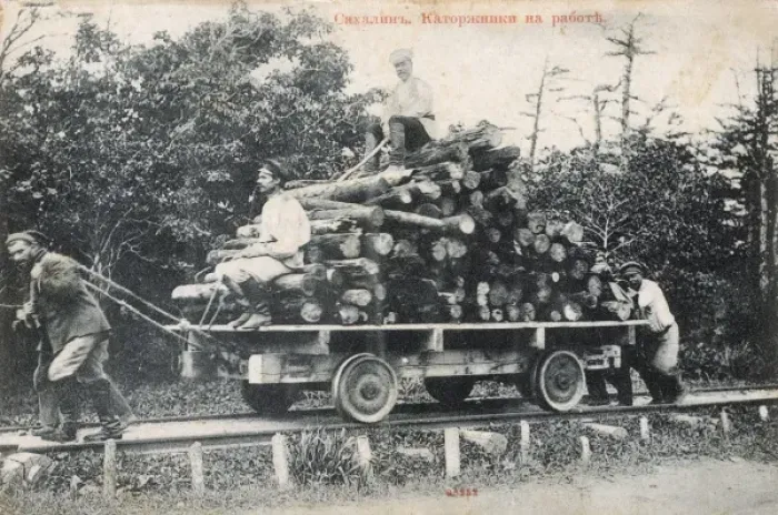 Framed Print : Sakhalin Island, Russia - Convicts at working moving timber Framed Print : Sakhalin Island, Russia - Convicts at working moving timber