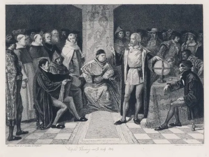 Framed Print : SALAMANCA. Columbus states his proposals to the Royal Commission at Salamanca Framed Print : SALAMANCA. Columbus states his proposals to the Royal Commission at Salamanca
