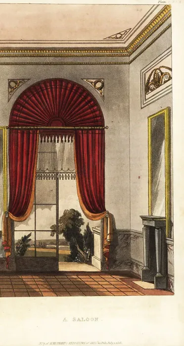 Framed Print : A saloon with arched and curtained window opening onto a terrace Framed Print : A saloon with arched and curtained window opening onto a terrace