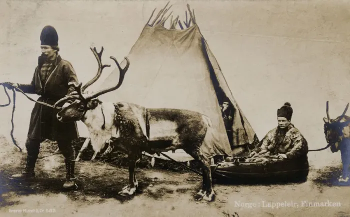 Framed Print : Sami Family, with tent, sled and Reindeer, Finnmark County Framed Print : Sami Family, with tent, sled and Reindeer, Finnmark County